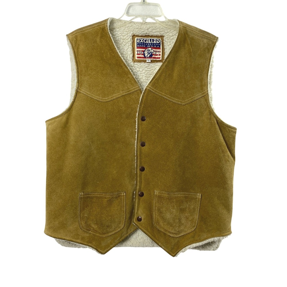 Excelled Suede Sherpa Lined Vest‎ Mens Large Brown Western Cowboy Snap Up